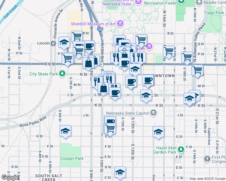 map of restaurants, bars, coffee shops, grocery stores, and more near 1128 L Street in Lincoln