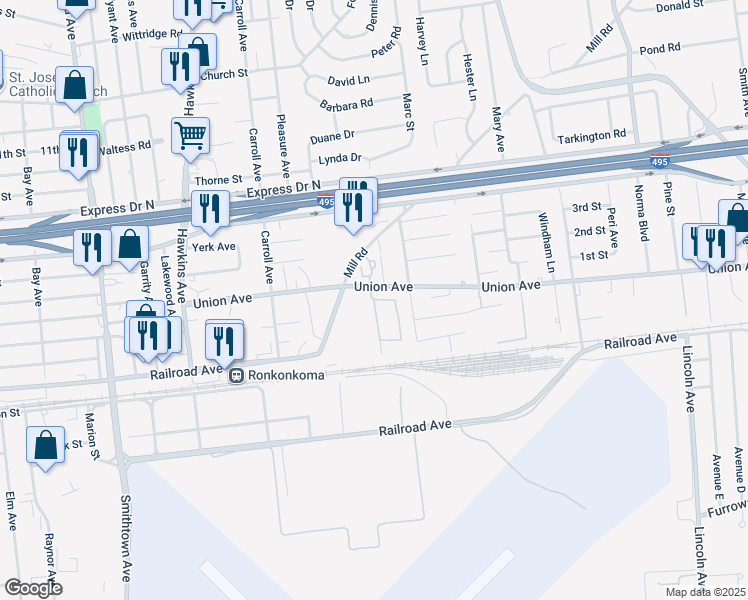 map of restaurants, bars, coffee shops, grocery stores, and more near 61 Village Plaza Drive in Lake Ronkonkoma