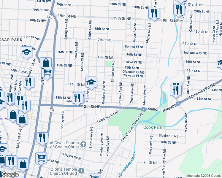map of restaurants, bars, coffee shops, grocery stores, and more near 1326 Rowland Avenue Northeast in Canton