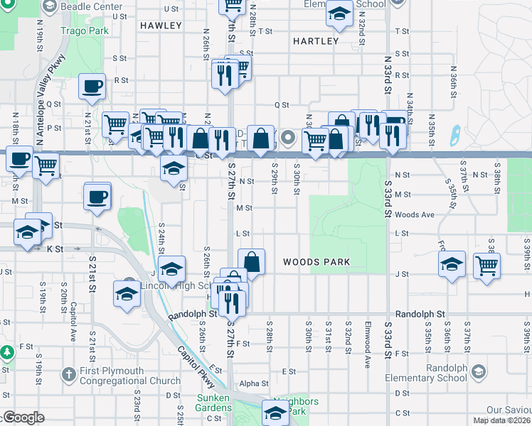 map of restaurants, bars, coffee shops, grocery stores, and more near 328 South 29th Street in Lincoln