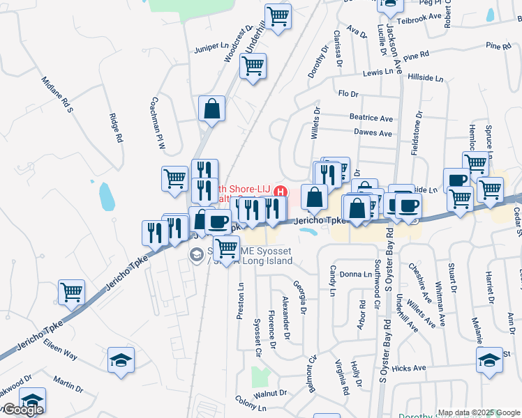 map of restaurants, bars, coffee shops, grocery stores, and more near 171 Lafayette Drive in Syosset