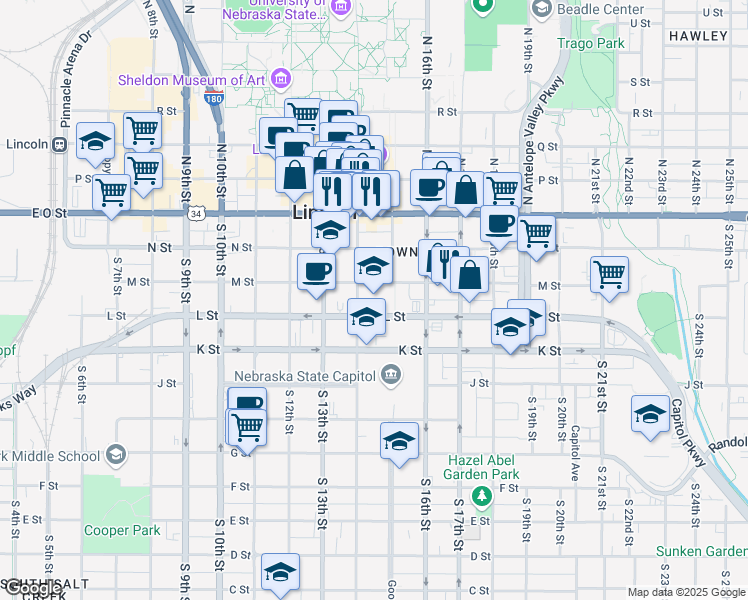 map of restaurants, bars, coffee shops, grocery stores, and more near 301 Centennial Mall South in Lincoln