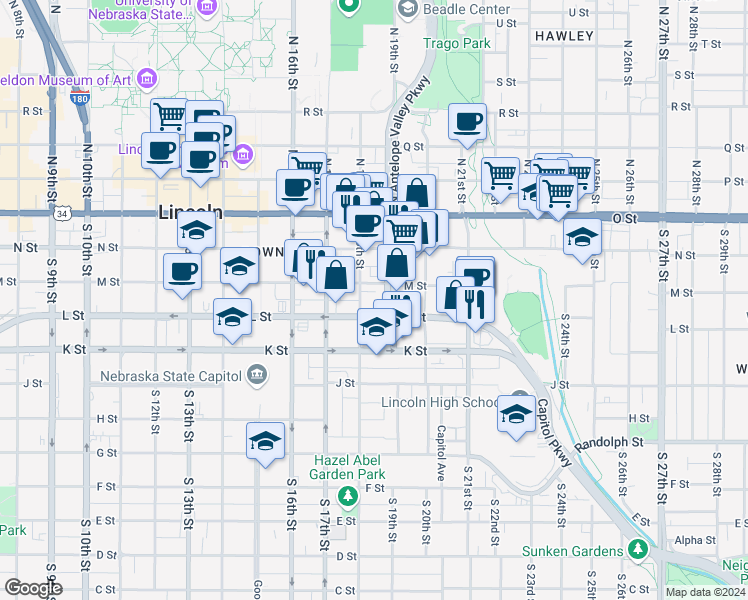 map of restaurants, bars, coffee shops, grocery stores, and more near 1830 L Street in Lincoln