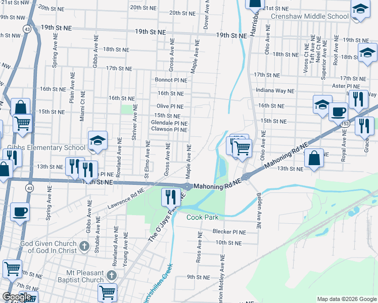 map of restaurants, bars, coffee shops, grocery stores, and more near 1716 Dillon Place Northeast in Canton