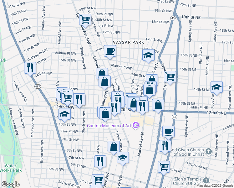 map of restaurants, bars, coffee shops, grocery stores, and more near 1244 Cleveland Avenue Northwest in Canton