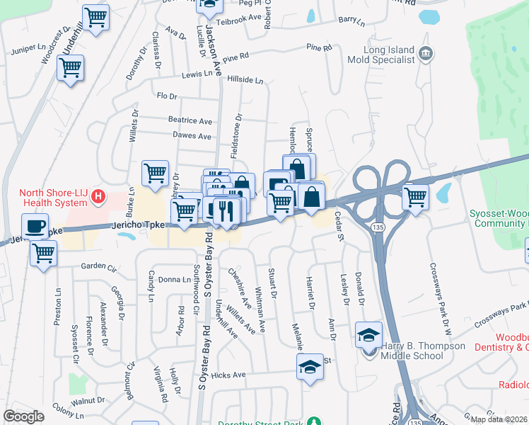 map of restaurants, bars, coffee shops, grocery stores, and more near 477 Jericho Turnpike in Syosset