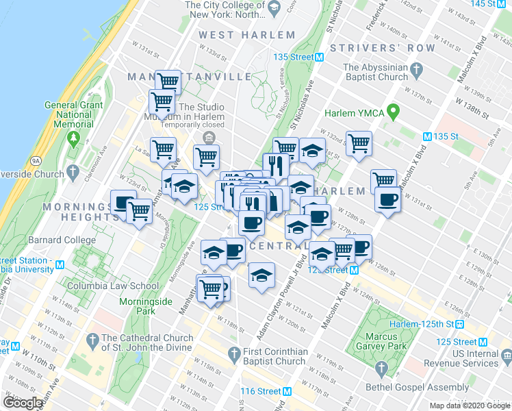 map of restaurants, bars, coffee shops, grocery stores, and more near 309 West 125th Street in New York