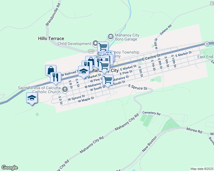 map of restaurants, bars, coffee shops, grocery stores, and more near 54 South Main Street in Mahanoy City