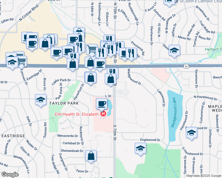 map of restaurants, bars, coffee shops, grocery stores, and more near 333 South 70th Street in Lincoln