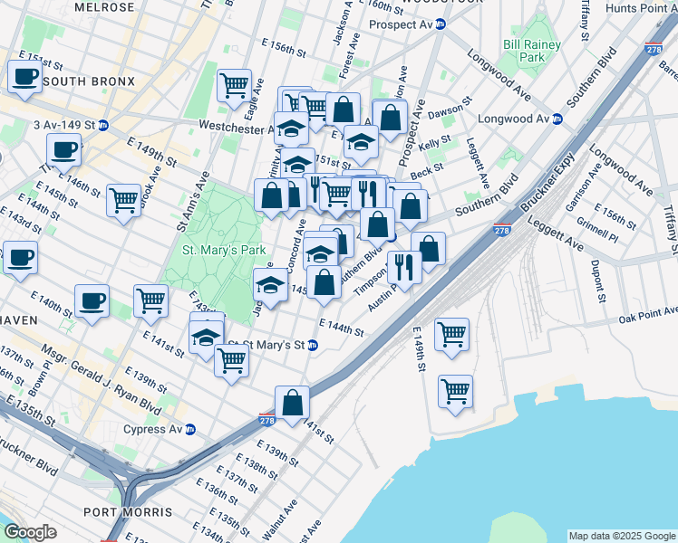 map of restaurants, bars, coffee shops, grocery stores, and more near 457 Southern Boulevard in Bronx