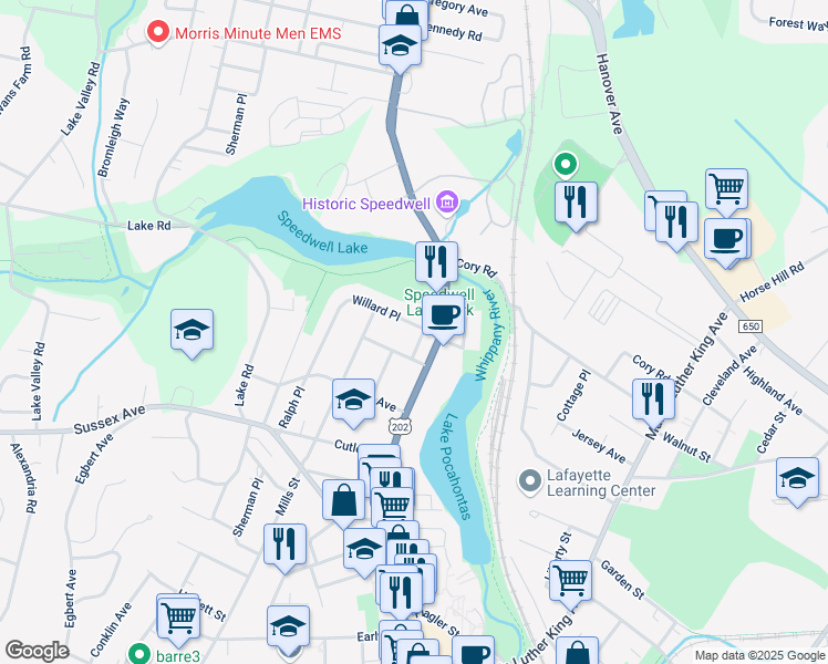 map of restaurants, bars, coffee shops, grocery stores, and more near 4 Willard Place in Morristown