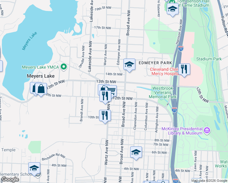 map of restaurants, bars, coffee shops, grocery stores, and more near 2915 12th Street Northwest in Canton