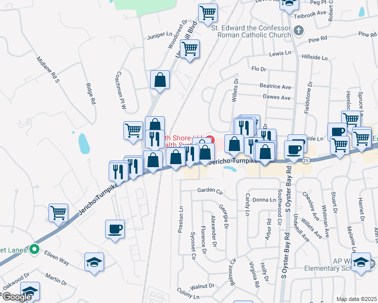 map of restaurants, bars, coffee shops, grocery stores, and more near 100 Lafayette Drive in Syosset