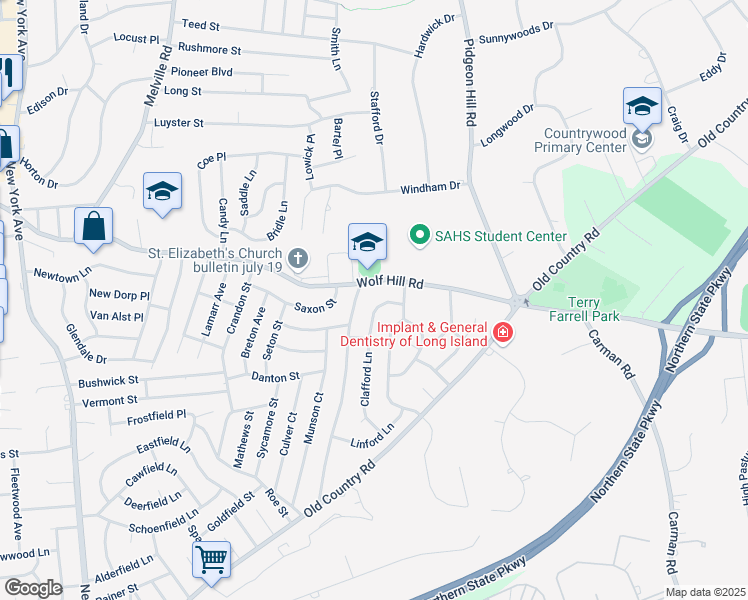 map of restaurants, bars, coffee shops, grocery stores, and more near 6 Clafford Lane in Melville