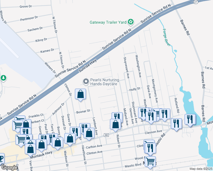 map of restaurants, bars, coffee shops, grocery stores, and more near 11 Somers Place in Mastic