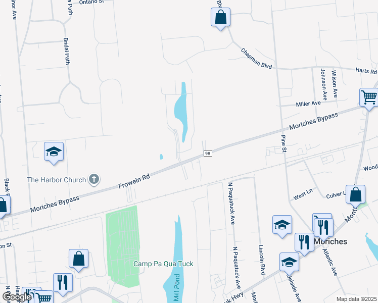 map of restaurants, bars, coffee shops, grocery stores, and more near 27 Walden Court in East Moriches