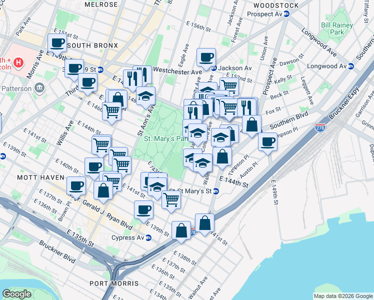map of restaurants, bars, coffee shops, grocery stores, and more near 449 Jackson Avenue in Bronx