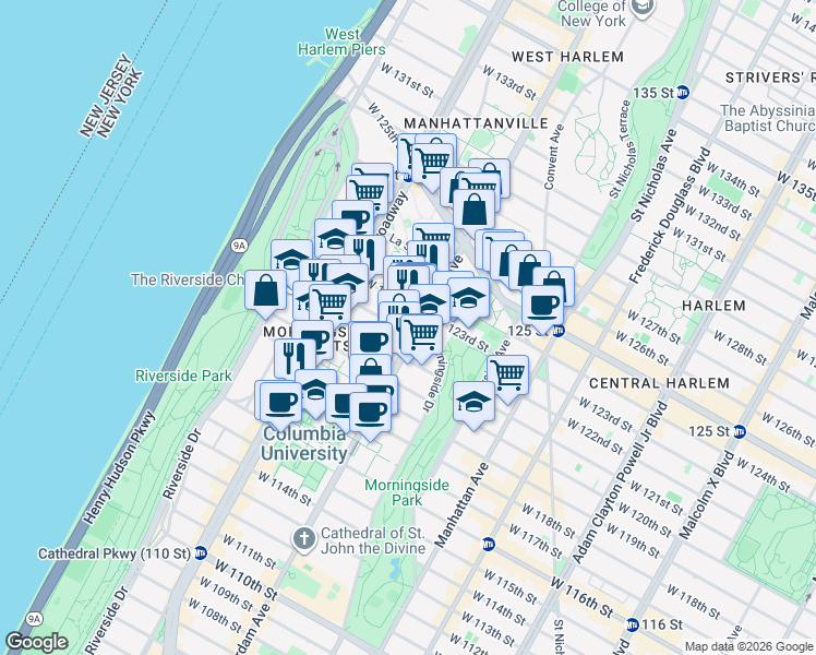 map of restaurants, bars, coffee shops, grocery stores, and more near 503 West 121st Street in New York