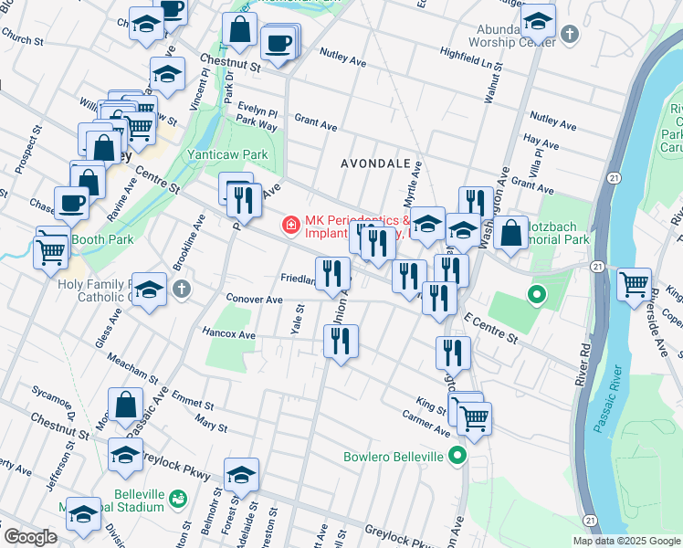 map of restaurants, bars, coffee shops, grocery stores, and more near 108 Union Avenue in Nutley