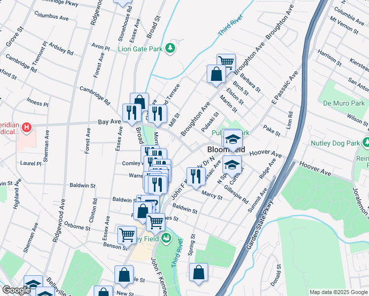 map of restaurants, bars, coffee shops, grocery stores, and more near 345 Hoover Avenue in Bloomfield