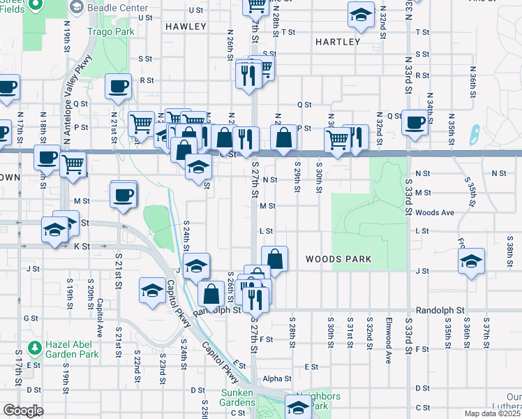 map of restaurants, bars, coffee shops, grocery stores, and more near 329 South 27th Street in Lincoln
