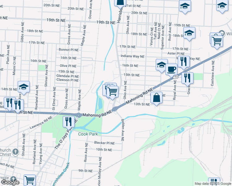 map of restaurants, bars, coffee shops, grocery stores, and more near 1315 Harrisburg Road Northeast in Canton