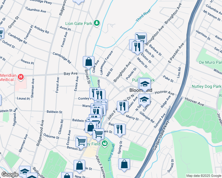 map of restaurants, bars, coffee shops, grocery stores, and more near 345 Hoover Avenue in Bloomfield