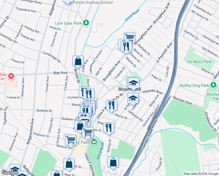 map of restaurants, bars, coffee shops, grocery stores, and more near 345 Hoover Avenue in Bloomfield
