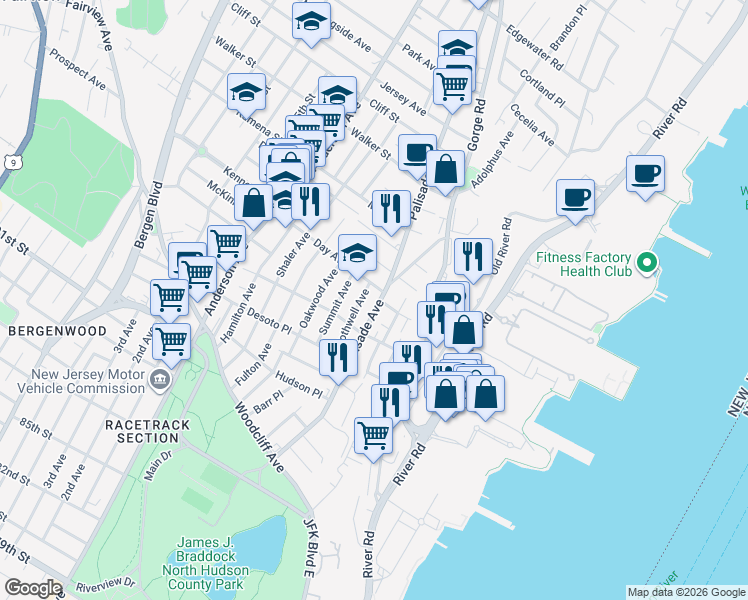 map of restaurants, bars, coffee shops, grocery stores, and more near 171 Palisade Avenue in Cliffside Park
