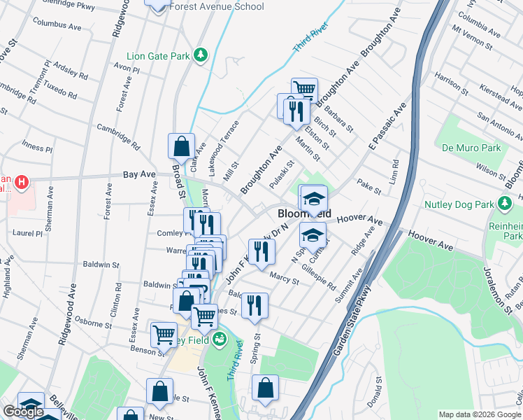 map of restaurants, bars, coffee shops, grocery stores, and more near 288-326 Hoover Avenue in Bloomfield
