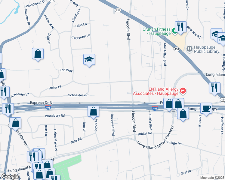 map of restaurants, bars, coffee shops, grocery stores, and more near 135 Roosevelt Boulevard in Hauppauge