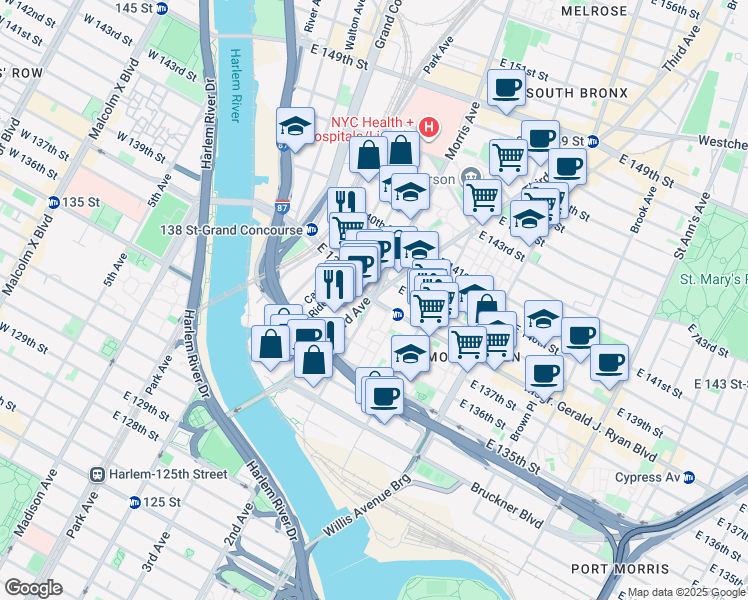map of restaurants, bars, coffee shops, grocery stores, and more near 204 Third Avenue in The Bronx