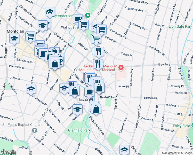 map of restaurants, bars, coffee shops, grocery stores, and more near 97 Pine Street in Montclair