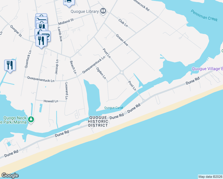 map of restaurants, bars, coffee shops, grocery stores, and more near 14 Ogden Lane in Quogue