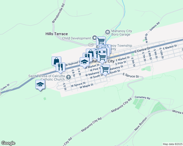 map of restaurants, bars, coffee shops, grocery stores, and more near 215 East Mahanoy Street in Mahanoy City