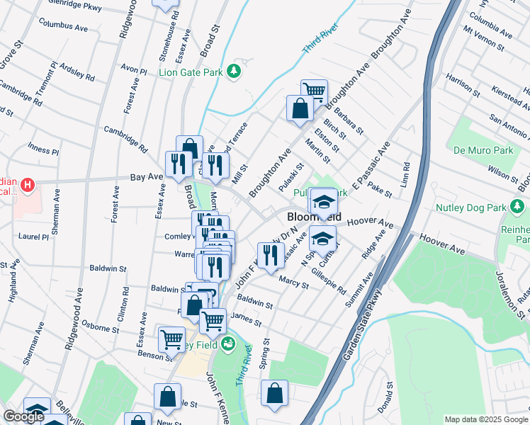 map of restaurants, bars, coffee shops, grocery stores, and more near 345 Hoover Avenue in Bloomfield