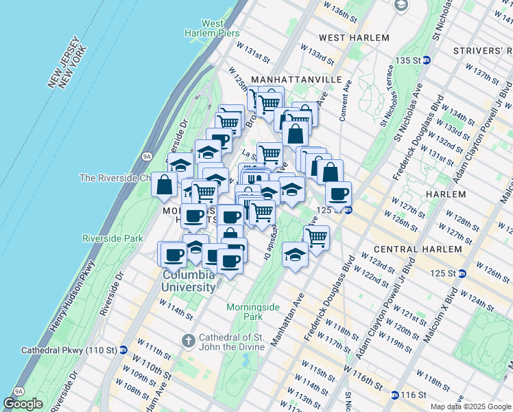 map of restaurants, bars, coffee shops, grocery stores, and more near 503 West 121st Street in New York