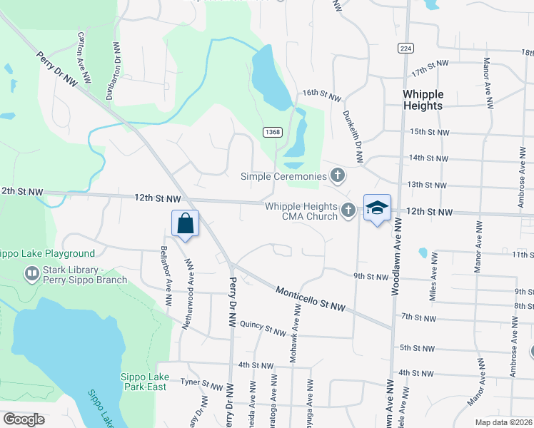 map of restaurants, bars, coffee shops, grocery stores, and more near 1051 Knollwood Road Northwest in Canton