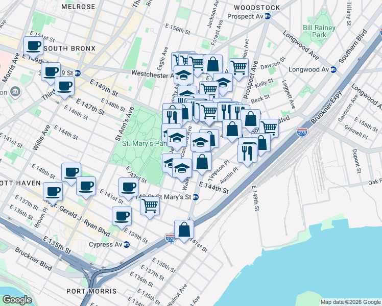 map of restaurants, bars, coffee shops, grocery stores, and more near 449 Wales Avenue in The Bronx