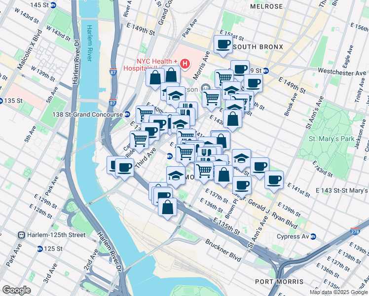 map of restaurants, bars, coffee shops, grocery stores, and more near in The Bronx