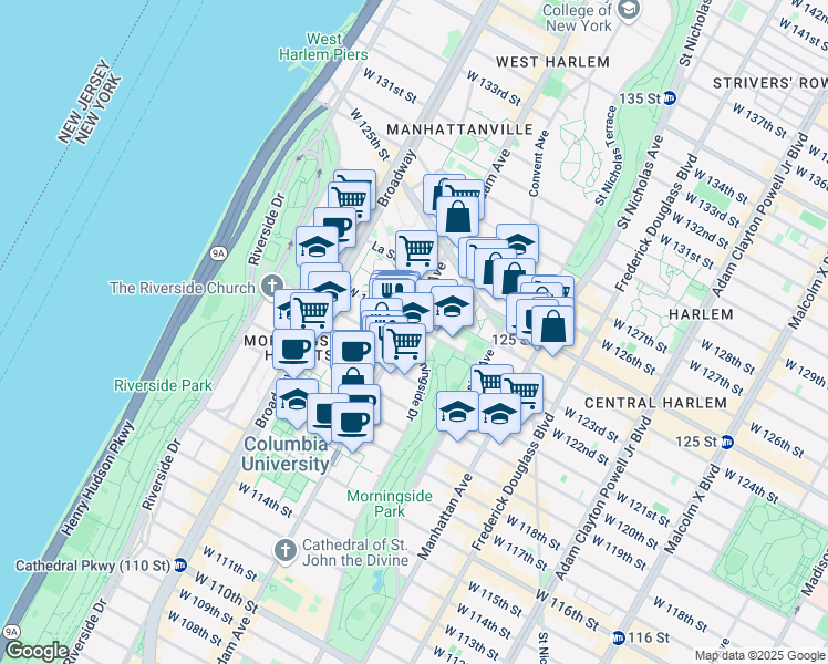 map of restaurants, bars, coffee shops, grocery stores, and more near 123 Morningside Drive in New York