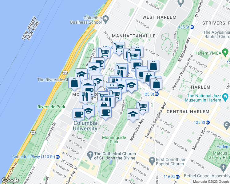 map of restaurants, bars, coffee shops, grocery stores, and more near 503 West 121st Street in New York