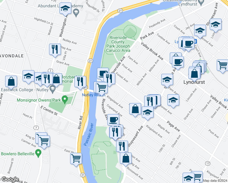 map of restaurants, bars, coffee shops, grocery stores, and more near 117 Kingsland Avenue in Lyndhurst