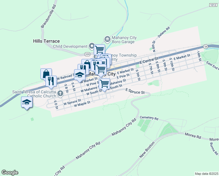 map of restaurants, bars, coffee shops, grocery stores, and more near 36 East Spruce Street in Mahanoy City