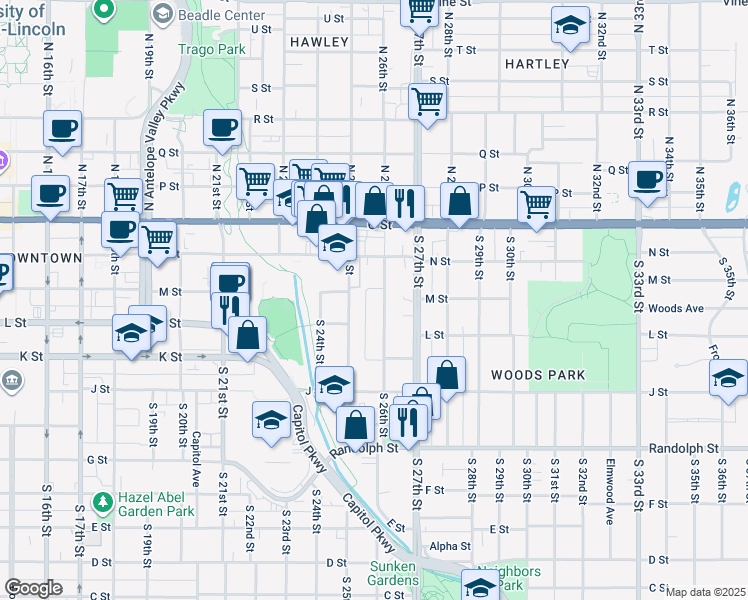 map of restaurants, bars, coffee shops, grocery stores, and more near 349 South 26th Street in Lincoln