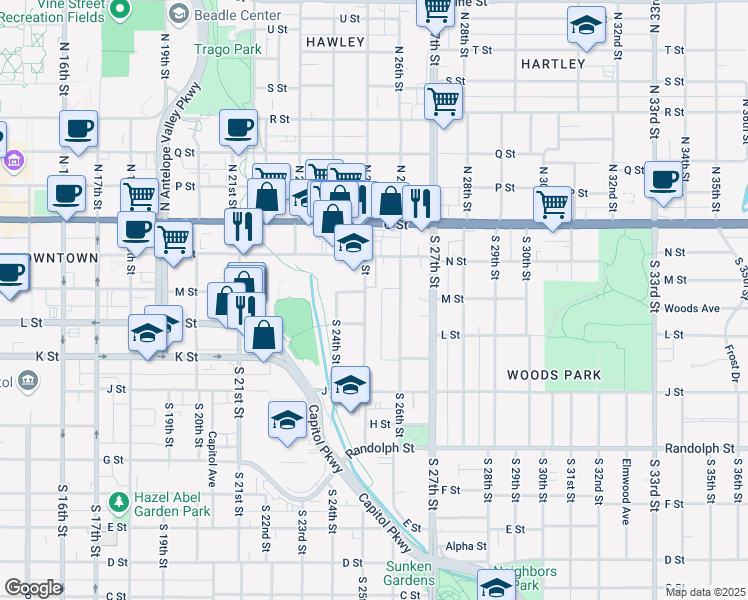map of restaurants, bars, coffee shops, grocery stores, and more near 347 South 25th Street in Lincoln