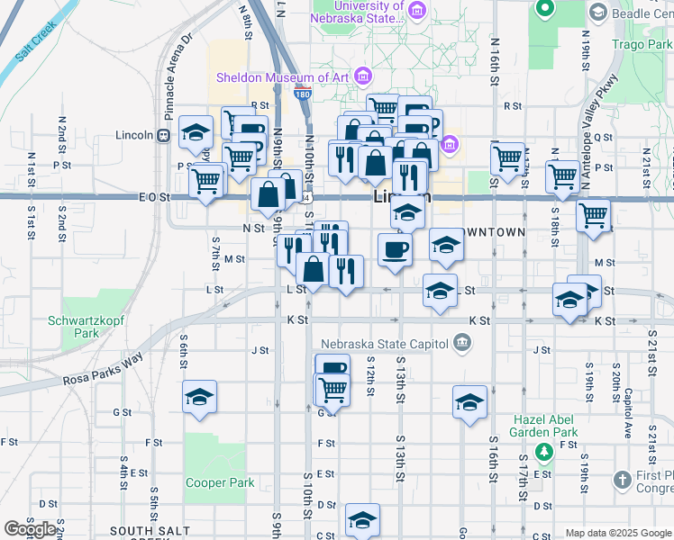 map of restaurants, bars, coffee shops, grocery stores, and more near 1128 L Street in Lincoln