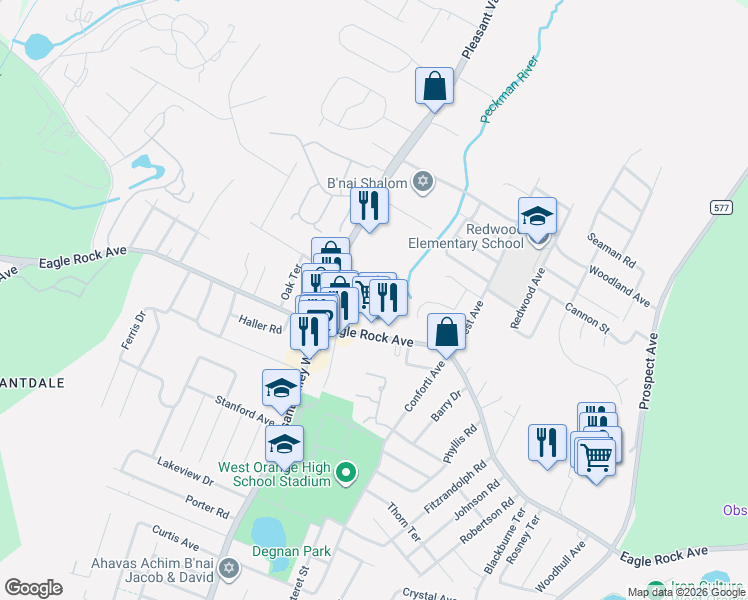 map of restaurants, bars, coffee shops, grocery stores, and more near 23 Kenz Terrace in West Orange