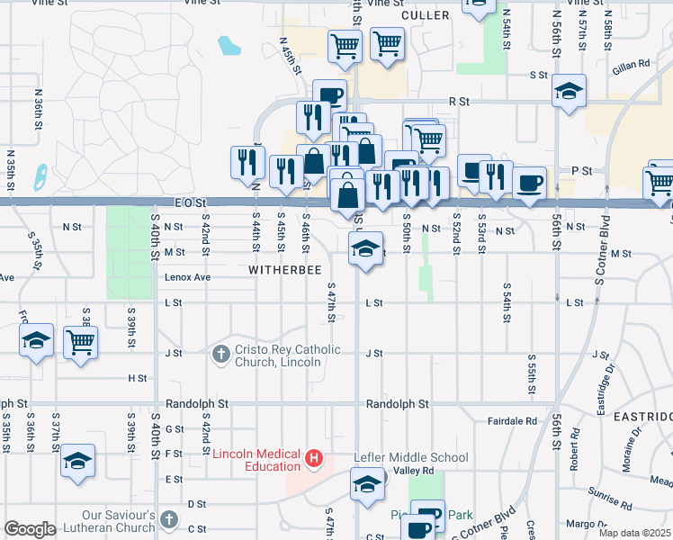 map of restaurants, bars, coffee shops, grocery stores, and more near 355 South 48th Street in Lincoln