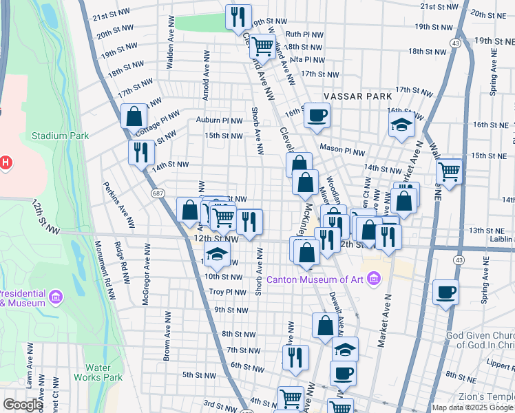 map of restaurants, bars, coffee shops, grocery stores, and more near in Canton